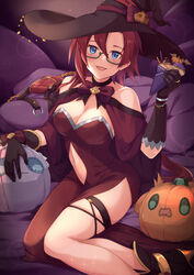  :d altheavin black-framed_eyewear black_gloves blue_eyes blush breasts cleavage clothing_cutout commentary_request crepe dress female food glasses gloves halloween_costume hat highres holding holding_food jack-o&#039;-lantern jack-o&#039;-lantern_hat_ornament labyrista_(princess_connect!) large_breasts navel navel_cutout open_mouth princess_connect! purple_dress red_hair semi-rimless_eyewear sitting smile solo under-rim_eyewear witch_hat 