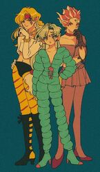  3boys ahoge androgynous bare_shoulders bishoujo_senshi_sailor_moon bishoujo_senshi_sailor_moon_supers blue_hair boots bracelet choker collarbone commentary_request crop_top earrings facial_mark film_grain fish_bone fish_eye_(sailor_moon) forehead_mark full_body gloves hand_on_own_hip hawk_eye_(sailor_moon) headband high_heels huge_ahoge jewelry light_blue_hair long_hair looking_at_viewer male_focus midriff multiple_boys navel necklace orange_hair otoko_no_ko pantyhose pikurusu pink_hair pointy_ears short_hair spiked_bracelet spikes tiger_eye_(sailor_moon) 