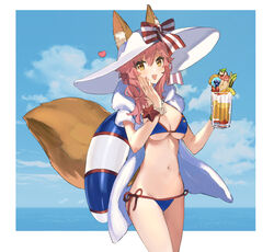  animal_ears bikini blue_bikini blue_sky blush border breasts cloud commentary day drink fate/grand_order fate_(series) female fox_ears fox_girl fox_tail hair_between_eyes hat heart highres holding holding_drink innertube long_hair looking_at_viewer navel ocean oerba_yun_fang outside_border pink_hair rizu033 sky solo stomach sun_hat swim_ring swimsuit symbol-only_commentary tail tamamo_(fate) tamamo_no_mae_(swimsuit_lancer)_(fate) tamamo_no_mae_(swimsuit_lancer)_(third_ascension)_(fate) twintails water white_border white_hat yellow_eyes 