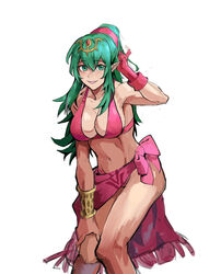  absurdres adjusting_hair alternate_costume bikini bracelet breasts cleavage female fingerless_gloves fire_emblem fire_emblem_awakening gloves green_eyes green_hair highres jewelry large_breasts looking_at_viewer navel pink_bikini pink_gloves pointy_ears ponytail saiykik sarong sideboob sidelocks smile swimsuit tiki_(adult)_(fire_emblem) tiki_(fire_emblem) 