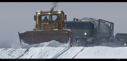  2boys car convoy front-end_loader grey_sky haguruma_c highres kirovets_k-700 letterboxed machinery maz-537 mercedes-benz_g-class military military_truck military_vehicle motor_vehicle multiple_boys original semi_truck side-view_mirror sky smoke smokestack snow snowplow sports_utility_vehicle tank_truck trailer tree truck 