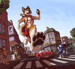  2017 4_toes anthro biped bottomwear braniff_moot building canid canine canis car carrying_another claws clothing crosswalk deer destruction detailed_background digitigrade domestic_dog english_text extreme_size_difference feet fur group harness hi_res husky jackal jhusky large_group larger_anthro larger_male macro macro_anthro macro_focus macro_male male mammal nordic_sled_dog on_shoulder open_mouth pawpads plantigrade red_bottomwear red_clothing red_shorts riding_on_shoulder road running shorts size_difference smaller_anthro smaller_male spitz tail text tirrel tirrel_(tirrel) toe_claws toes tongue tongue_out town underpaw unguligrade_anthro vehicle 