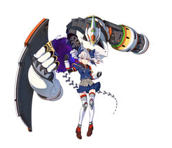  amenoki blue_skirt bronya_zaychik bronya_zaychik_(valkyrie_chariot) brown_footwear cannon drill_hair female full_body grey_eyes grey_hair hair_between_eyes highres honkai_(series) honkai_impact_3rd looking_at_viewer project_bunny school_uniform shoes simple_background skirt solo twin_drills white_background 