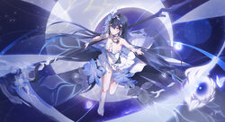  absurdres bare_shoulders barefoot breasts chest_tattoo crescent crescent_moon dress female flower hair_between_eyes hair_flower hair_ornament highres holding holding_scythe holding_weapon honkai_(series) honkai_impact_3rd long_hair looking_back moon ooo_wange open_hand outstretched_arm parted_lips scythe seele_vollerei seele_vollerei_(herrscher_of_rebirth) small_breasts solo tattoo toes weapon white_dress white_headwear 