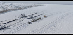  beached_ship car convoy flatbed_truck front-end_loader frozen grey_sky haguruma_c highres kirovets_k-700 letterboxed machinery maz-537 mercedes-benz_g-class motor_vehicle oil_tanker original river semi_truck ship sky smoke snow snowplow sports_utility_vehicle tank_truck tanker_(ship) trailer tree truck watercraft 