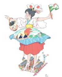  absurdres arrow_(symbol) black_hair female flag full_body highres holding holding_flag japanese_clothes kawatsu_yuuki kimono mask mouth_mask original print_kimono profile see-through see-through_mask short_sleeves signature simple_background solo standing white_background wide_sleeves 