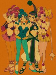  4girls amazons_quartet arm_behind_head arms_behind_back bare_shoulders bikini bikini_top_only bishoujo_senshi_sailor_moon bishoujo_senshi_sailor_moon_supers blue_hair bow bracer breasts cerecere_(sailor_moon) choker commentary_request corsage crop_top eyeshadow facial_mark film_grain flower flower_choker forehead_mark full_body green_hair hair_bun hair_flower hair_ornament hair_rings hairbow hand_on_own_cheek hand_on_own_face harem_pants junjun_(sailor_moon) leggings_under_swimsuit leotard long_hair looking_at_viewer makeup multiple_girls one_eye_closed pallapalla_(sailor_moon) pants pantyhose pikurusu pink_hair ponytail red_hair short_hair single_hair_bun skirt slippers swimsuit vesves_(sailor_moon) 