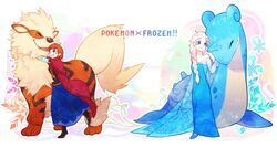  2014 arcanine blonde_hair blue_body burnrice8 clothed clothing countershading disney dress feral fluffy frozen_(movie) fully_clothed fur generation_1_pokemon group hair hug human lapras mammal nintendo open_mouth open_smile orange_body orange_fur pokemon pokemon_(species) princess_anna_(frozen) queen_elsa_(frozen) red_hair smile standing tan_body tan_fur 