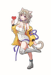  absurdres animal_ears arknights bare_shoulders boots cat_ears cat_tail collar commentary_request daoshi_niang_lan_er female full_body grey_footwear grey_hair hair_bun hairband hand_up heart high_heel_boots high_heels highres holding infection_monitor_(arknights) jacket kazemaru_(arknights) long_hair long_sleeves looking_at_viewer off_shoulder open_clothes open_jacket purple_eyes smile solo standing standing_on_one_leg strapless tail thigh_boots thighs white_collar white_hairband yellow_jacket 