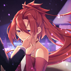  1boy altheavin blush christmas closed_mouth detached_sleeves dress female hair_between_eyes highres jewelry labyrista_(princess_connect!) long_hair no_eyewear ornate_ring ponytail pov pov_hands princess_connect! purple_eyes red_dress red_hair ring snow straight very_long_hair wedding_ring yuuki_(princess_connect!) 