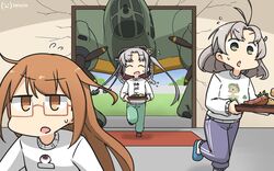  3girls aircraft airplane akitsushima_(kancolle) alternate_costume anchor_hair_ornament antenna_hair breloom brown_eyes brown_hair character_print closed_eyes clothes_writing commentary_request crack dated door food glasses green_eyes green_pants grey_hair hair_ornament hamu_koutarou highres kantai_collection kinugasa_(kancolle) long_hair medium_hair mochi mochizuki_(kancolle) multiple_girls nishikitaitei-chan one-hour_drawing_challenge pants pokemon print_sweater purple_pants red-framed_eyewear semi-rimless_eyewear side_ponytail sidelocks sizzler_plate sweater track_pants translated under-rim_eyewear white_legwear white_sweater 