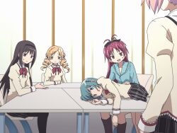  5girls ahoge akemi_homura bent_over black_hair blonde_hair blue_eyes blue_hair chair commentary danshi_koukousei_no_nichijou drill_hair empty_eyes fangs hair_ornament hairband kaname_madoka long_hair mahou_shoujo_madoka_magica mahou_shoujo_madoka_magica_(anime) miki_sayaka mitakihara_school_uniform multiple_girls official_style pantyhose parody pink_hair purple_eyes red_eyes red_hair ribbon sakura_kyoko school_uniform shirosato short_hair sitting sweat sweatdrop table tomoe_mami twin_drills twintails voice_actor_connection yellow_eyes yuuki_aoi 