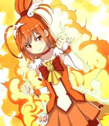  ahoge choker clenched_hands collarbone commentary_request cure_sunny explosion female fiery_background fire hair_bun hino_akane_(smile_precure!) magical_girl nosuku orange_background orange_choker orange_eyes orange_hair orange_skirt orange_theme precure red_shorts shorts shorts_under_skirt single_hair_bun skirt smile smile_precure solo tiara 