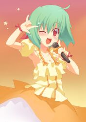  ;d \m/ blush commentary_request female green_hair macross macross_frontier microphone minamura_haruki oerba_yun_fang one_eye_closed open_mouth photoshop_(medium) ranka_lee red_eyes seikan_hikou smile solo 