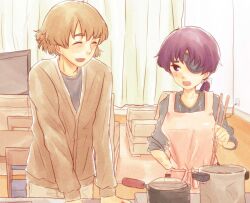  1boy :d :o amputee apron blush brown_hair cardigan casserole chair chopsticks closed_eyes cooking cooking_pot couch curtains electric_plug electrical_outlet eyepatch female hair_ribbon holding holding_chopsticks mirai_nikki nishijima_masumi open_mouth ponytail purple_eyes purple_hair ribbon short_hair sleeves_rolled_up smile spoilers sweater table unaji_(manju) uryuu_minene 