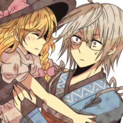  1boy bad_id bad_pixiv_id blonde_hair blush bow braid closed_eyes commentary_request female glasses grey_hair hairbow hat hat_bow imminent_hug japanese_clothes kimono kirisame_marisa morichika_rinnosuke shisei_(kyuushoku_banchou) single_braid sweatdrop touhou witch_hat yellow_eyes 