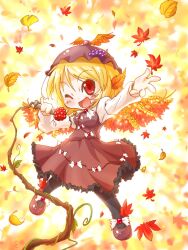  aki_minoriko arinu arm_up autumn_leaves black_pantyhose blonde_hair blush bow brown_dress commentary_request cosplay dress female food fruit grapes hair_ornament hat microphone microphone_stand mystia_lorelei mystia_lorelei_(cosplay) one_eye_closed open_mouth outstretched_hand pantyhose pinky_out plant red_eyes shirt short_hair smile solo touhou vines wings 