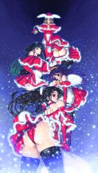  4girls absurdres ass bag bare_shoulders bell black_eyes black_hair black_legwear blush braid breasts brown_hair capcom christmas cleavage cow_bell curvy elbow_gloves gloves green_hair hat highres hood king_of_fighters konekonewasabii large_breasts legs long_hair looking_at_viewer morrigan_aensland multiple_girls ponytail purple_hair santa_hat shermie simple_background skirt smile snk snow standing thighs twintails vampire_(game) wasabi_konekone wings 