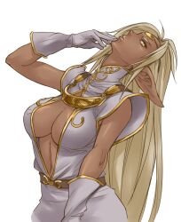  bad_id bad_pixiv_id breasts center_opening cleavage dark-skinned_female dark_skin elf female gloves gus_(clarkii) innerboob large_breasts long_hair navel pirotess pointy_ears record_of_lodoss_war solo 