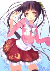  adapted_costume alternate_hairstyle black_hair black_thighhighs blush bow commentary_request female floral_print frills hair_flip hair_ribbon highres houraisan_kaguya red_eyes ribbon skirt smile solo sushimekabu thighhighs touhou twintails zettai_ryouiki 