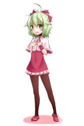  aged_down bad_id bad_pixiv_id black_pantyhose blush female green_eyes green_hair hair_ribbon hakano_shinshi kagiyama_hina open_mouth pantyhose ribbon short_hair solo touhou 