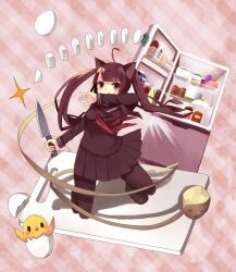  ahoge animal_ears bad_id bad_pixiv_id bird black_hair broken_egg brown_eyes cat_ears chick cutting cutting_board egg female knife long_hair nekomo original pantyhose potato radish refrigerator school_uniform skirt solo striped striped_background 