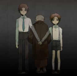  3boys aged_down ahoge brothers brown_eyes brown_hair commentary_request family fate/zero fate_(series) holding_hands kimura_shiki male_focus matou_byakuya matou_kariya matou_zouken multiple_boys necktie old old_man shorts siblings suspenders wavy_hair 