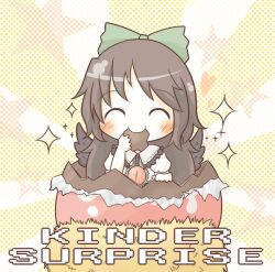  ^_^ bad_id bad_pixiv_id black_hair black_wings bow chibi chocolate chocolate_egg closed_eyes eating egg female ferrero green_bow hairbow kinder_surprise polka_dot polka_dot_background reiuji_utsuho smile solo south114 sparkle third_eye touhou wings 