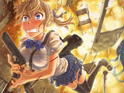  assault_rifle bad_id bad_tinami_id black_thighhighs blonde_girl_(itou) blonde_hair blood blue_eyes blue_skirt blush bow bowtie bullpup chair clenched_teeth cocked_hammer duplicate explosion famas female gun hairbow handgun highres injury itou_(onsoku_tassha) m1911 miniskirt original pixel-perfect_duplicate ponytail rifle school_uniform shirt shoe_dangle skirt solo sweat taut_clothes taut_shirt tears teeth thighhighs torn_clothes trigger_discipline weapon white_shirt 