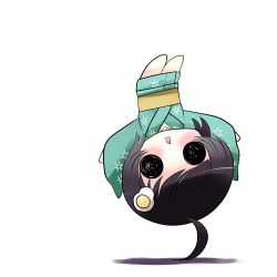  ahoge aqua_kimono araragi_tsukihi black_hair chibi commentary_request egg_(food) egg_hair_ornament female food food-themed_hair_ornament fried_egg hair_ornament japanese_clothes kimono monogatari_(series) nisemonogatari prehensile_hair short_hair solid_circle_eyes solo upside-down yume_shokunin 