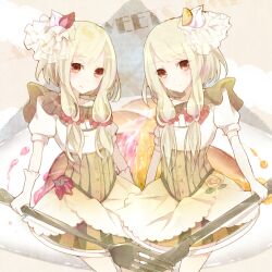  2girls bad_id bad_pixiv_id brown_eyes cream dress flower food food-themed_clothes fork fruit gloves hair_ornament holding holding_fork holding_knife knife lemon long_hair multiple_girls original shain_roki silver_hair smile strawberry 