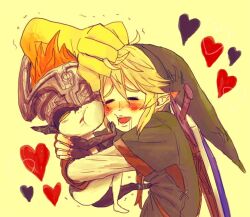  1boy :t annoyed bad_id bad_pixiv_id blonde_hair chibi cottelee female hands happy hat heart helmet hug link long_sleeves midna o..o orange_hair pointy_ears saliva sheath sheathed shield shield_on_back simple_background sword the_legend_of_zelda the_legend_of_zelda:_twilight_princess weapon wince yellow_background yellow_eyes 