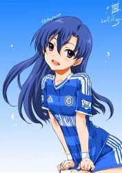  adidas blue_hair chelsea_fc england female idolmaster idolmaster_(classic) inoue_sora jersey kisaragi_chihaya leaning_forward long_hair open_mouth photoshop_(medium) premier_league purple_eyes smile soccer soccer_uniform solo sportswear sweatband 