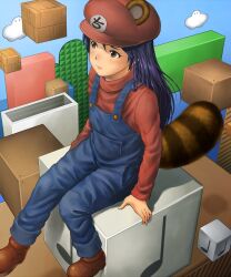  animal_ears block_(minecraft) block_(object) blue_hair brown_eyes chiaki_rakutarou cloud commentary_request cosplay day female gameplay_mechanics idolmaster idolmaster_(classic) kisaragi_chihaya lips long_hair mario mario_(cosplay) mario_(series) musical_note note_block overalls shoes sitting solo super_mario_bros._3 suspenders tail 