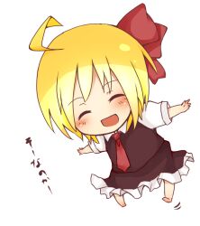  ahoge blonde_hair blush chibi closed_eyes commentary_request dress female hair_ribbon necktie open_mouth outstretched_arms red_necktie ribbon rumia short_hair simple_background smile solo tosura-ayato touhou white_background 