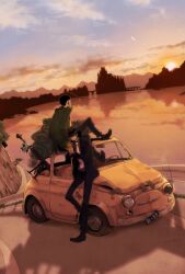  2boys anti-materiel_rifle arsene_lupin_iii beard bird car castle castle_of_cagliostro cigarette commentary_request crown dusk dutch_angle facial_hair fiat fiat_500 flying formal green_jacket guard_rail gun hat_over_eyes highres jacket jigen_daisuke lake left-hand_drive lupin_iii motor_vehicle mountainous_horizon multiple_boys necktie on_vehicle outdoors railing rifle road rui_yuda ruins silhouette sitting smoking sniper_rifle suit sunroof sunset tape traffic_barrier vehicle_focus water weapon yellow_necktie 