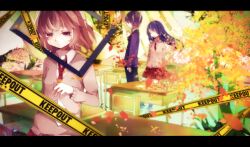  1boy 2girls bad_id bad_pixiv_id blue_hair brown_eyes brown_hair caution_tape chair classroom desk dropping itamidome keep_out letter letterboxed long_hair multiple_girls necktie original petals scar school_desk school_uniform skirt wind 