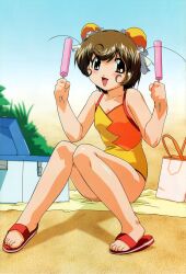  absurdres bag beach beach_towel brown_eyes brown_hair bun_cover cooler double_bun double_buns hamster_no_kurumi highres popsicle swimsuit tenshi_no_shippo towel 