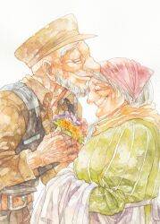  1boy beard closed_eyes commentary_request couple facial_hair female flower hat ina_(gonsora) kissing kissing_forehead long_hair old old_man old_woman original painting_(medium) smile straight traditional_media watercolor_(medium) white_hair 