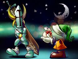  2boys armor commentary_request cookie crescent_moon food gloves hat hero_(moon) huge_weapon invisible_man ko-on_(ningen_zoo) moon moon_(love-de-lic) multiple_boys night night_sky player_(moon) rayman_limbs sack sky star_(sky) starry_sky sword walking weapon 