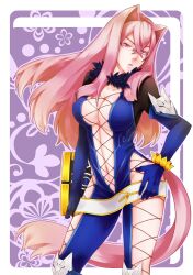  bad_id bad_pixiv_id belt bodysuit book breasts center_opening cleavage commentary_request contrapposto eiou_(cook-look) elbow_gloves female fur_trim glasses gloves hair_intakes hand_on_own_hip innerboob large_breasts long_hair navel photoshop_(medium) pink_eyes pink_hair presa_(tales) purple_background skin_tight solo standing tail tales_of_(series) tales_of_xillia 