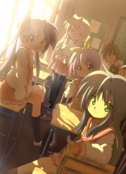  6+girls classroom commentary_request desk hal_(pixiv2042201) highres hiiragi_kagami hiiragi_tsukasa izumi_konata kusakabe_misao long_hair lucky_star minegishi_ayano mole mole_under_eye multiple_girls ryouou_school_uniform school_desk school_uniform serafuku short_hair takara_miyuki twintails 