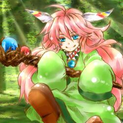  1other ahoge androgynous blue_eyes commentary_request feather_hair_ornament feathers hair_ornament kaya_(starlocca) popoi_(seiken_densetsu_2) red_hair seiken_densetsu seiken_densetsu_2 sleeves_past_wrists solo staff 