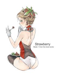  aqua_eyes ass back bare_shoulders blonde_hair blush earrings eating feeno female food food-themed_clothes fork freckles from_behind fruit gloves hair_ornament jewelry looking_at_viewer looking_back meat original photoshop_(medium) plate short_hair simple_background sitting solo steak strawberry thighhighs 