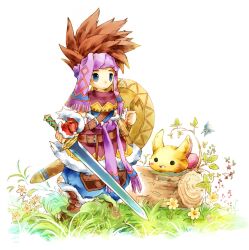  1boy blue_eyes boots brown_hair chibi commentary_request headband log male_focus monster rabite_(seiken_densetsu) randi_(seiken_densetsu_2) scabbard sei_mutsuki seiken_densetsu seiken_densetsu_2 sheath shield solo spiked_hair sword weapon 