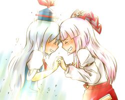  2girls blush bow closed_eyes commentary_request crying dissolving friends fujiwara_no_mokou hairbow hat holding_hands interlocked_fingers kamishirasawa_keine long_hair multiple_girls smile tears touhou viva!! 