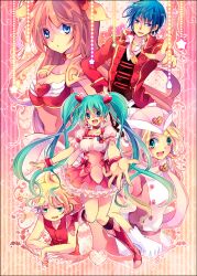  2boys 3girls :d ai_tenshi_densetsu_wedding_peach alternate_costume aqua_eyes aqua_hair blonde_hair blue_eyes blue_hair boots brooch captain_marvelous captain_marvelous_(cosplay) choker commentary_request cosplay cure_peach cure_peach_(cosplay) dress fresh_precure! green_eyes hair_ornament hand_on_own_hip hat hatsune_miku heart heart_brooch heart_hair_ornament jewelry kagamine_len kagamine_rin kaito_(vocaloid) kaizoku_sentai_gokaiger knee_boots kokonoe_miya magical_girl megurine_luka monkey_d._luffy monkey_d._luffy_(cosplay) multiple_boys multiple_girls necklace nurse_angel nurse_angel_(cosplay) nurse_angel_ririka_sos one_piece open_mouth photoshop_(medium) pink_choker pink_footwear pink_hair pink_wrist_cuffs pointing precure smile stitches super_sentai twintails vocaloid wedding_peach wing_brooch wrist_cuffs yellow_choker 