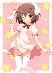  ;q animal_ears blush brown_hair commentary_request dress female highres inaba_tewi looking_at_viewer one_eye_closed rabbit_ears red_eyes short_hair smile solo star_(symbol) thighhighs tongue tongue_out touhou v white_thighhighs yamasan zettai_ryouiki 