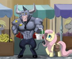  2012 abs banana better_version_at_source blue_eyes bovid bovine cutie_mark derpy_hooves duo equid equine european_mythology female feral fluttershy_(mlp) food friendship_is_magic fruit grape greek_mythology hair hasbro hooves horn horse iron_will_(mlp) john_joseco male mammal minotaur my_little_pony mythology pink_hair plant pony 