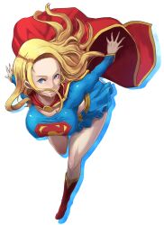  animification belt blonde_hair blue_eyes boots breasts butcha-u cape commentary_request covered_nipples dc_comics female hanging_breasts large_breasts long_hair looking_at_viewer midriff photoshop_(medium) revision shirt skirt solo supergirl superman_(series) taut_clothes taut_shirt 